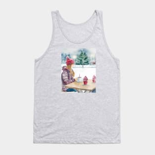 Woman Drinking Coffee in an open-air Cafe, Snowing Christmas Outdoors Tank Top